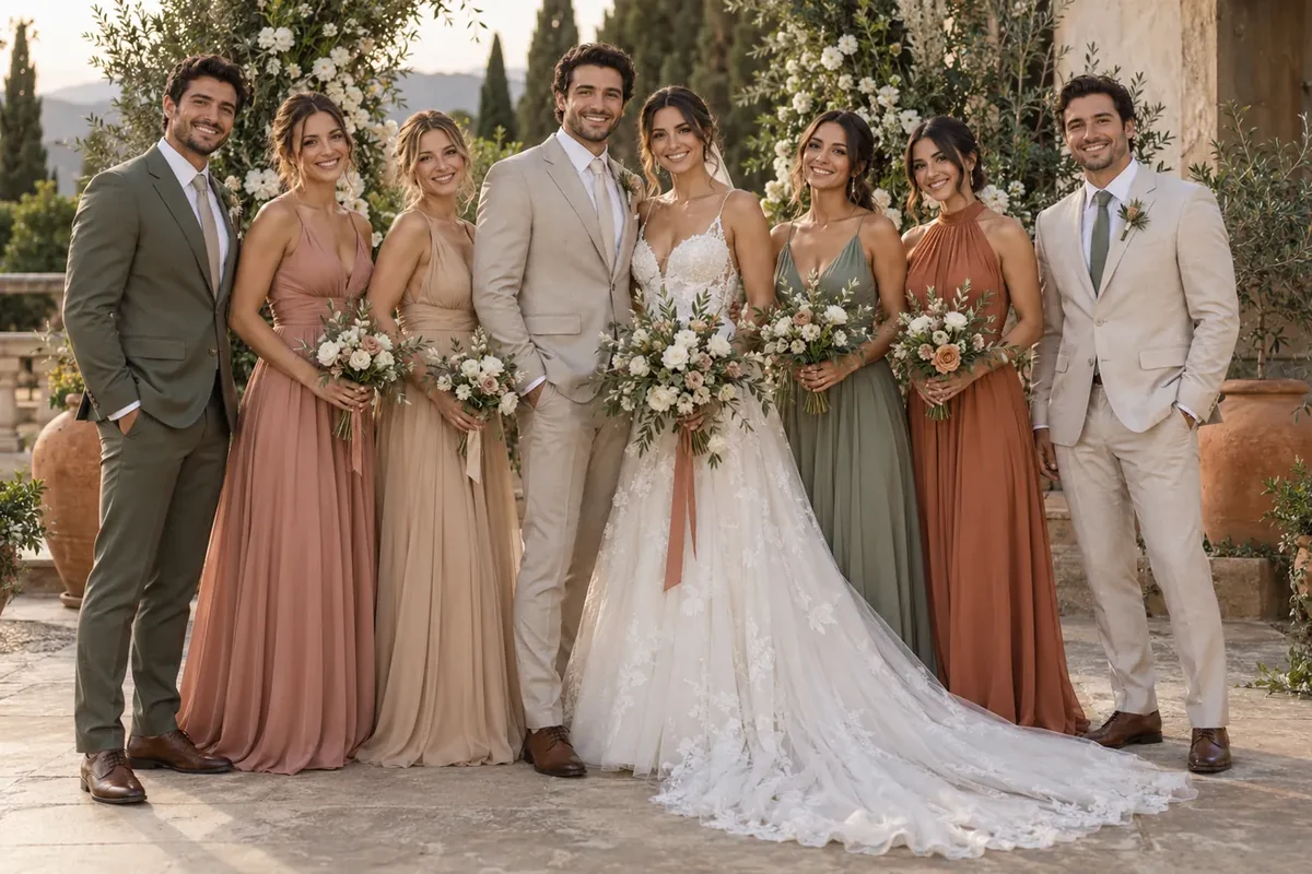 Casal fictício com padrinhos e madrinhas em tons rosé, nude, sálvia e terracota, em cenário com folhagens e flores claras.