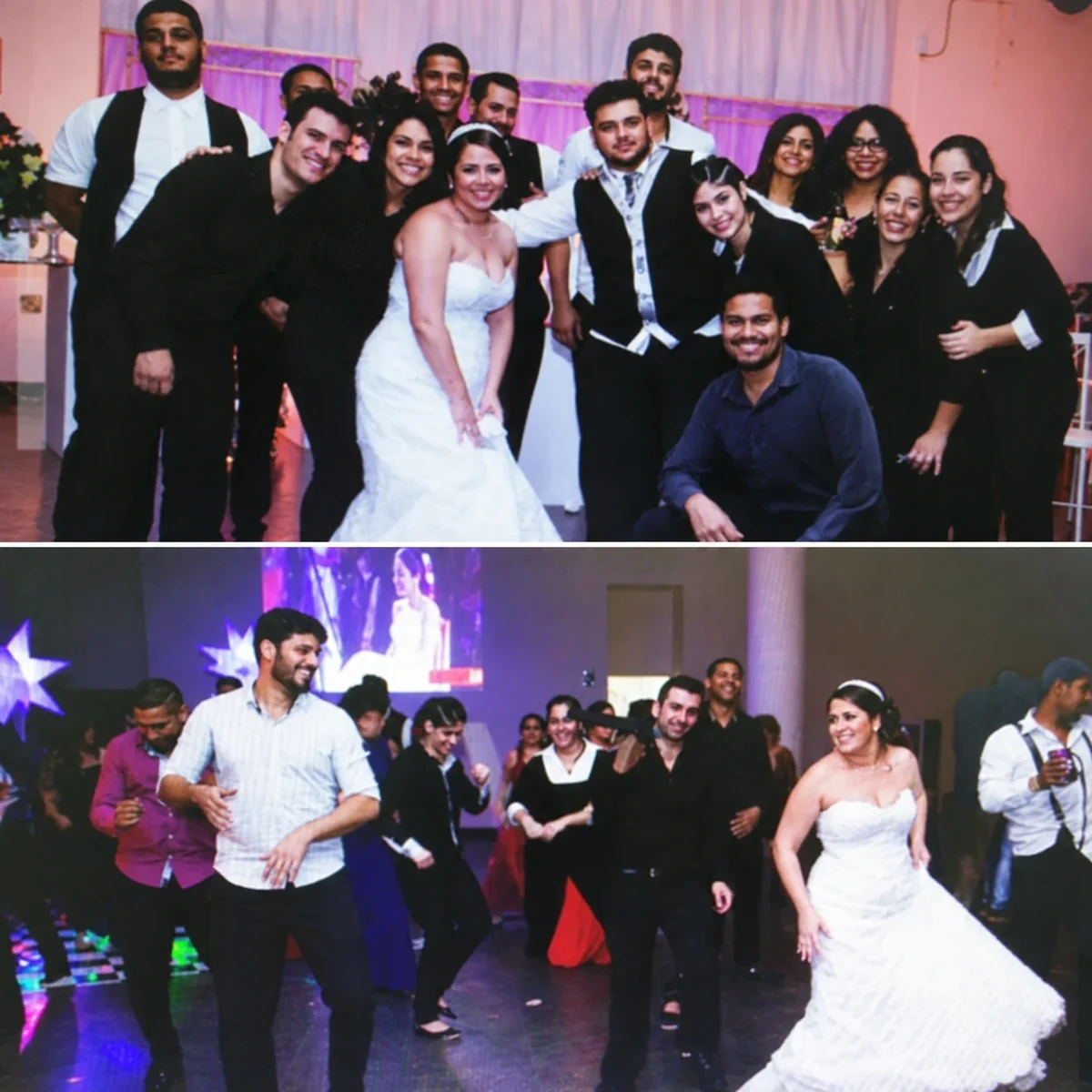 Dois registros do casamento de Diego e Wanylla: uma fotografia em grupo e um momento na pista de dança.