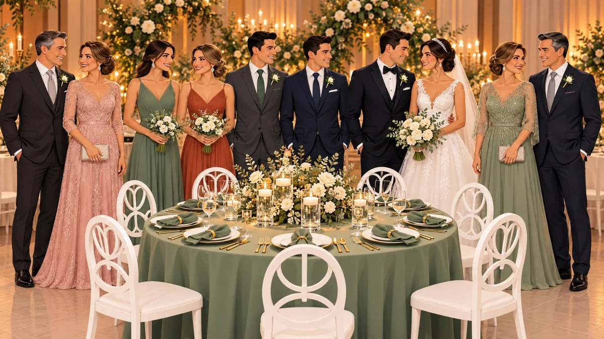 Imagem de referência da decoração de casamento com noivos, familiares e mesa de convidados