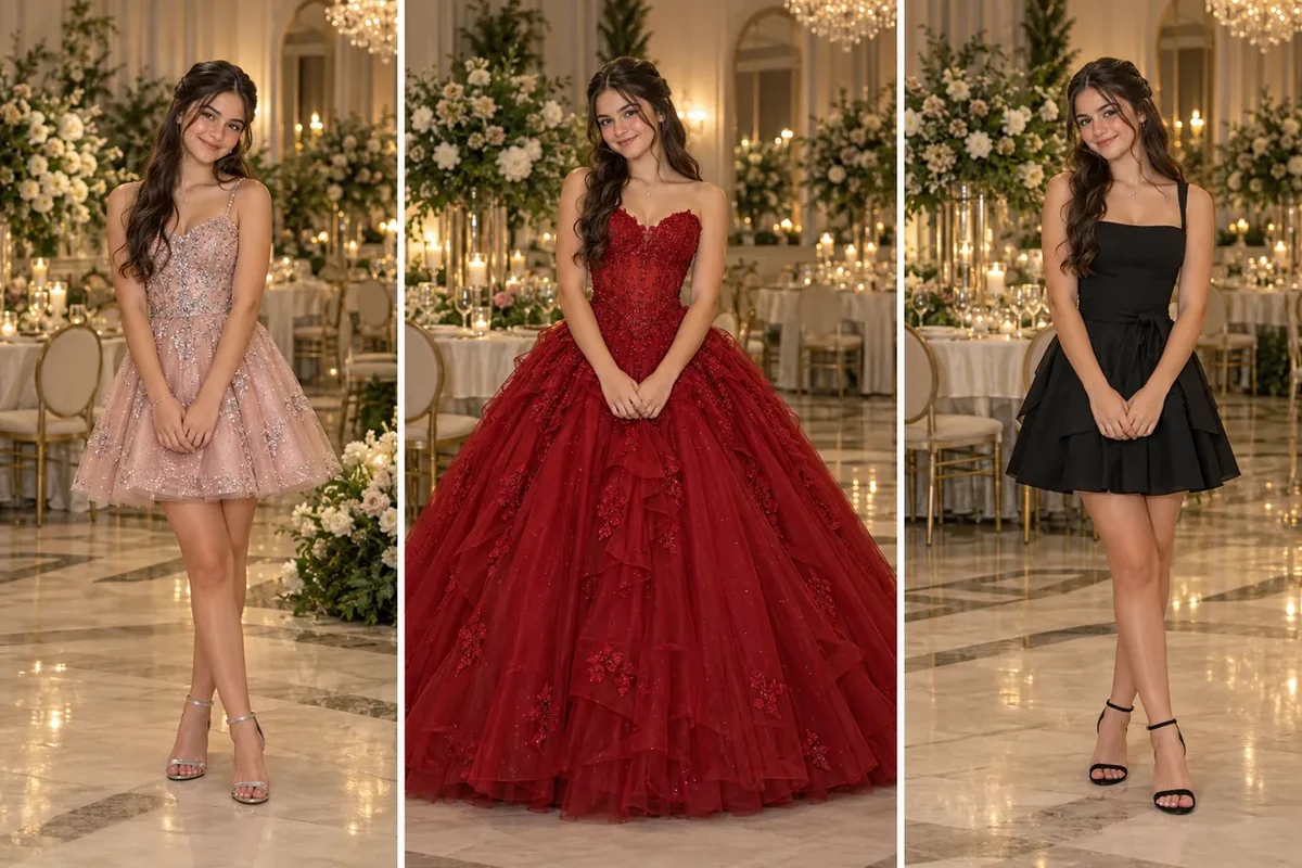 Simulação de três looks na mesma base de decoração: rosé e prata, vermelho e preto.